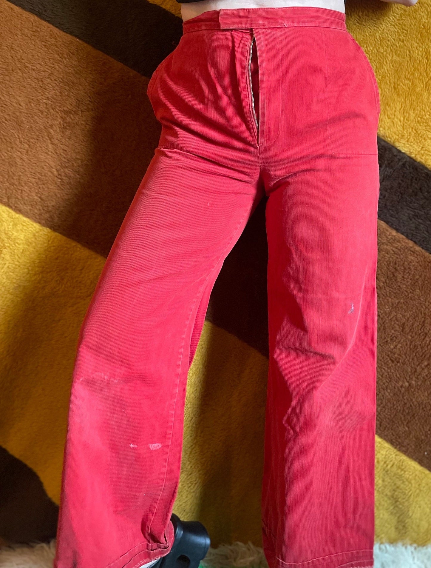 vtg 70s RED CORDUROY FLARES // wide leg pants high waisted bellbottom trousers preppy hippie *as is *needs zipper on track cute casual boho