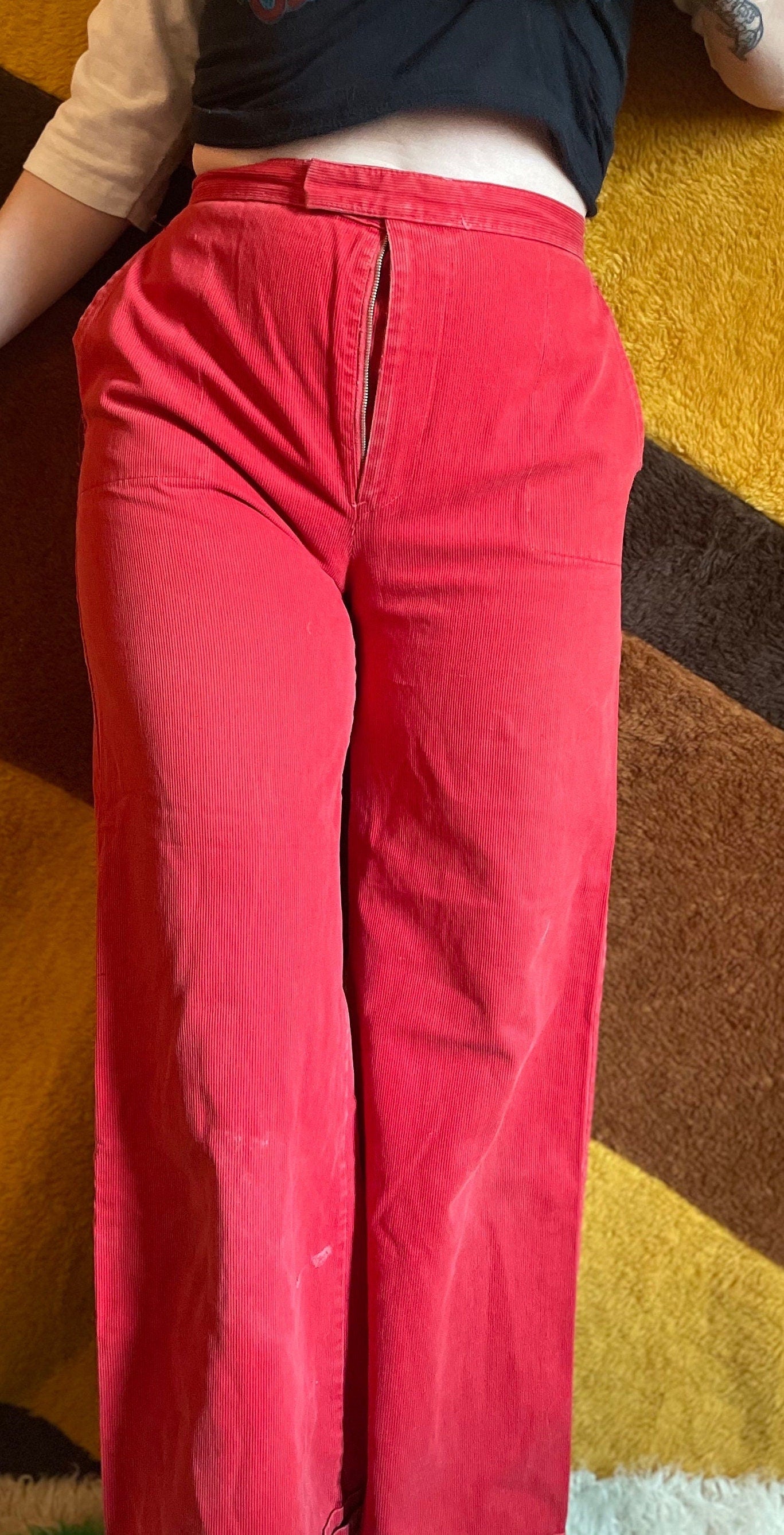 vtg 70s RED CORDUROY FLARES // wide leg pants high waisted bellbottom trousers preppy hippie *as is *needs zipper on track cute casual boho