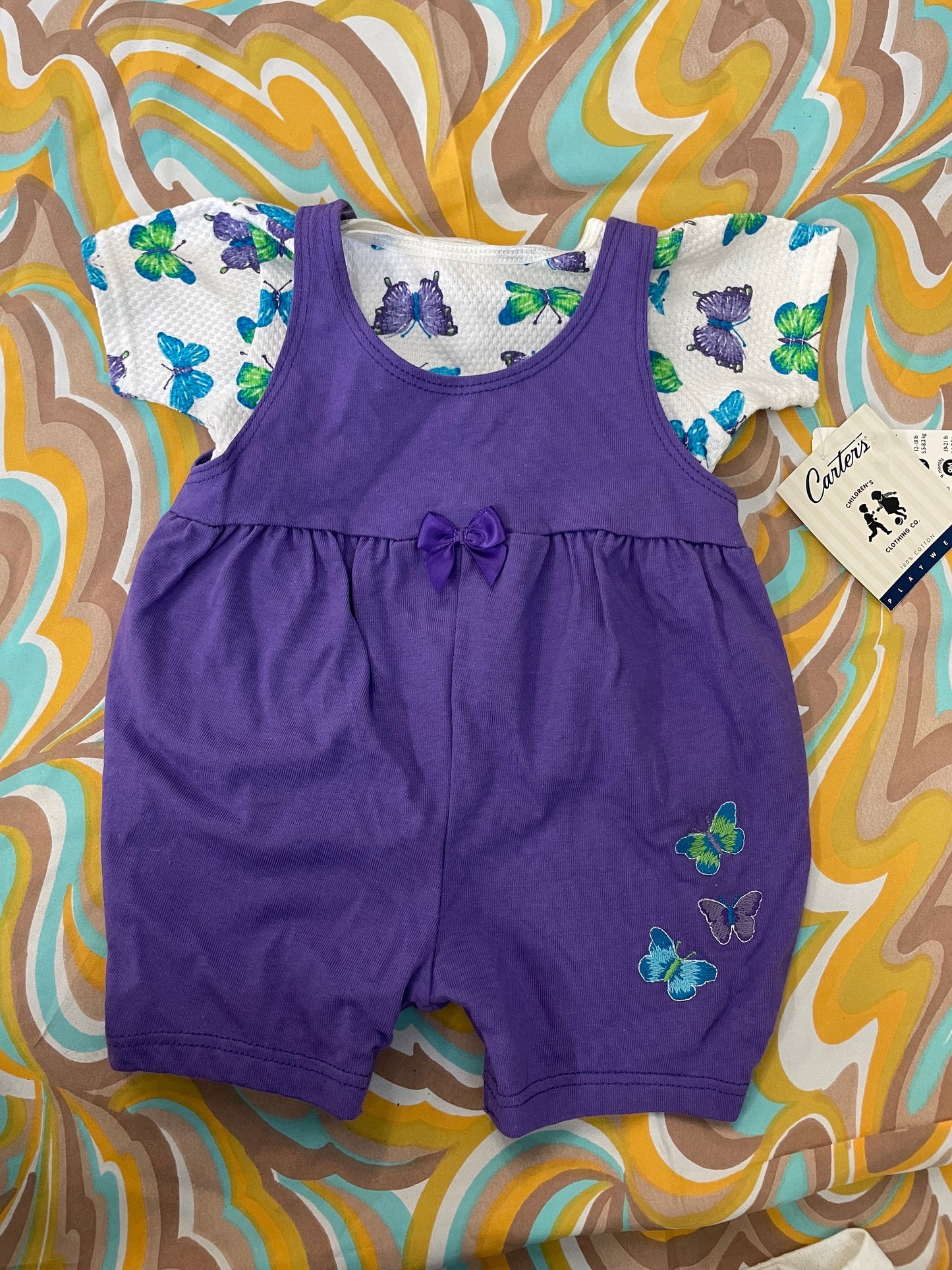 vtg 90s KIDS BUTTERFLY OVERALLS // vintage purple overalls and patterned top set new never worn Carters 3-6 months baby outfit onesie