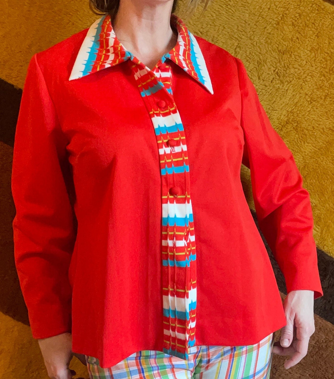 vtg 70s STRIPED RED POLY top // wavy chevron pointy collar blouse lightweight jacket mod hippie bright funky stripes mod psychedelic style