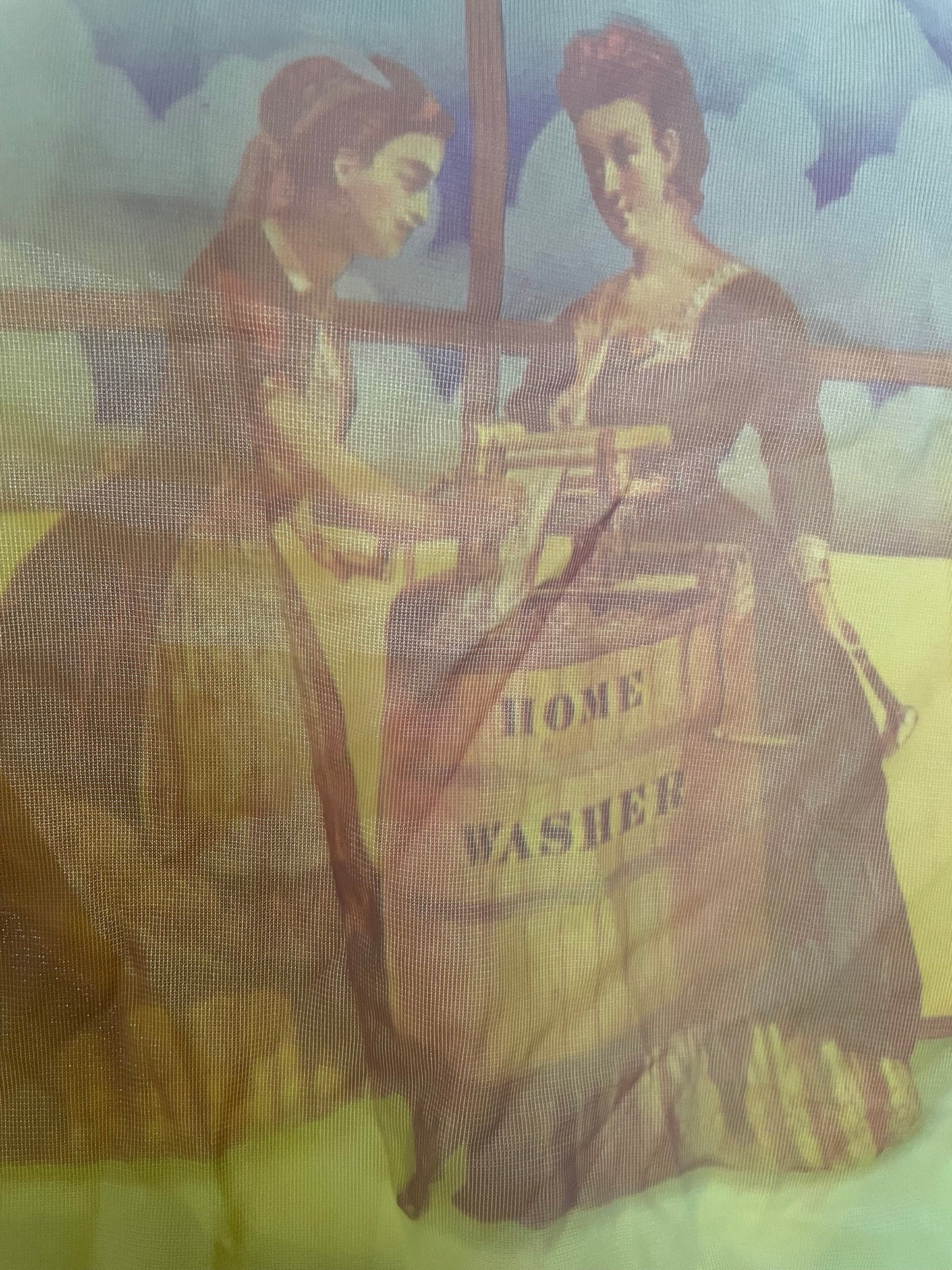 vtg 70s VICTORIAN WOMEN TOP // "home washer" shirt sheer nylon top thin summer pajama shirt rare kitschy graphic photo print aop lingerie