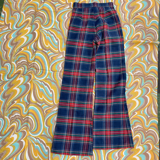 vtg 70s PLAID BELL BOTTOMS // vintage womens pants size 24 blue red plaid high rise hippie bare back mod psychedelic wide leg kick flares