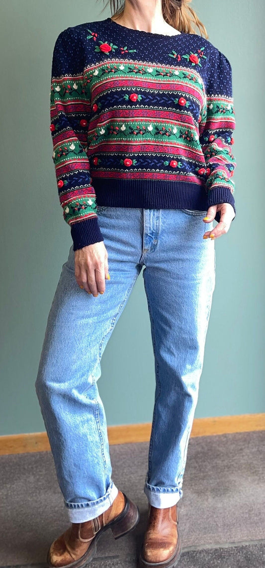 XMAS vtg 80s MISTELTOE SWEATER // angora blend striped blue fitted cropped knit 3d patterned cute teacher cottage core funky striped top