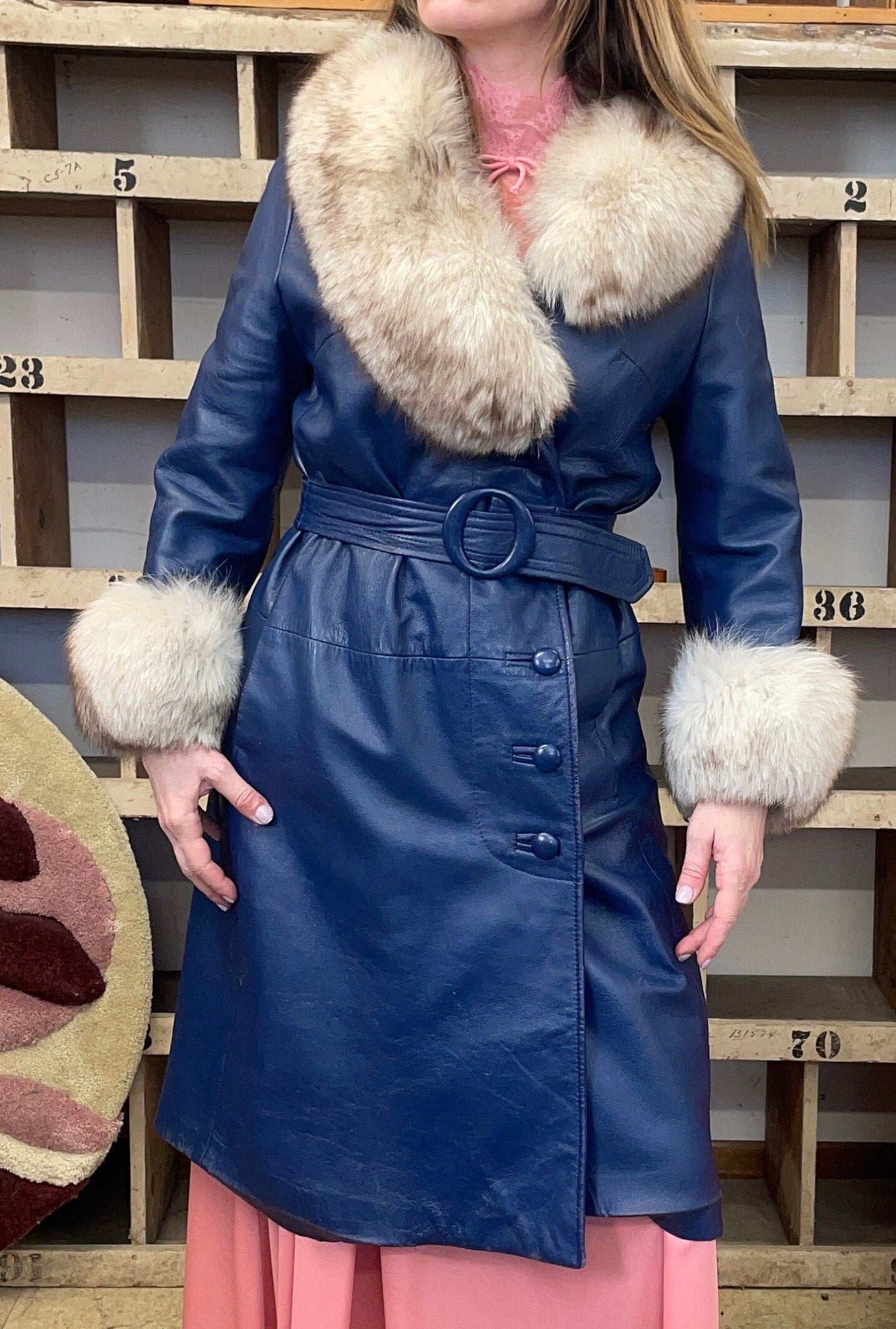 vtg 70s PENNY LANE COAT / vintage blue leather jacket oversized fur collar belt glam stroller coat movie rockstar groupie famous winter coat