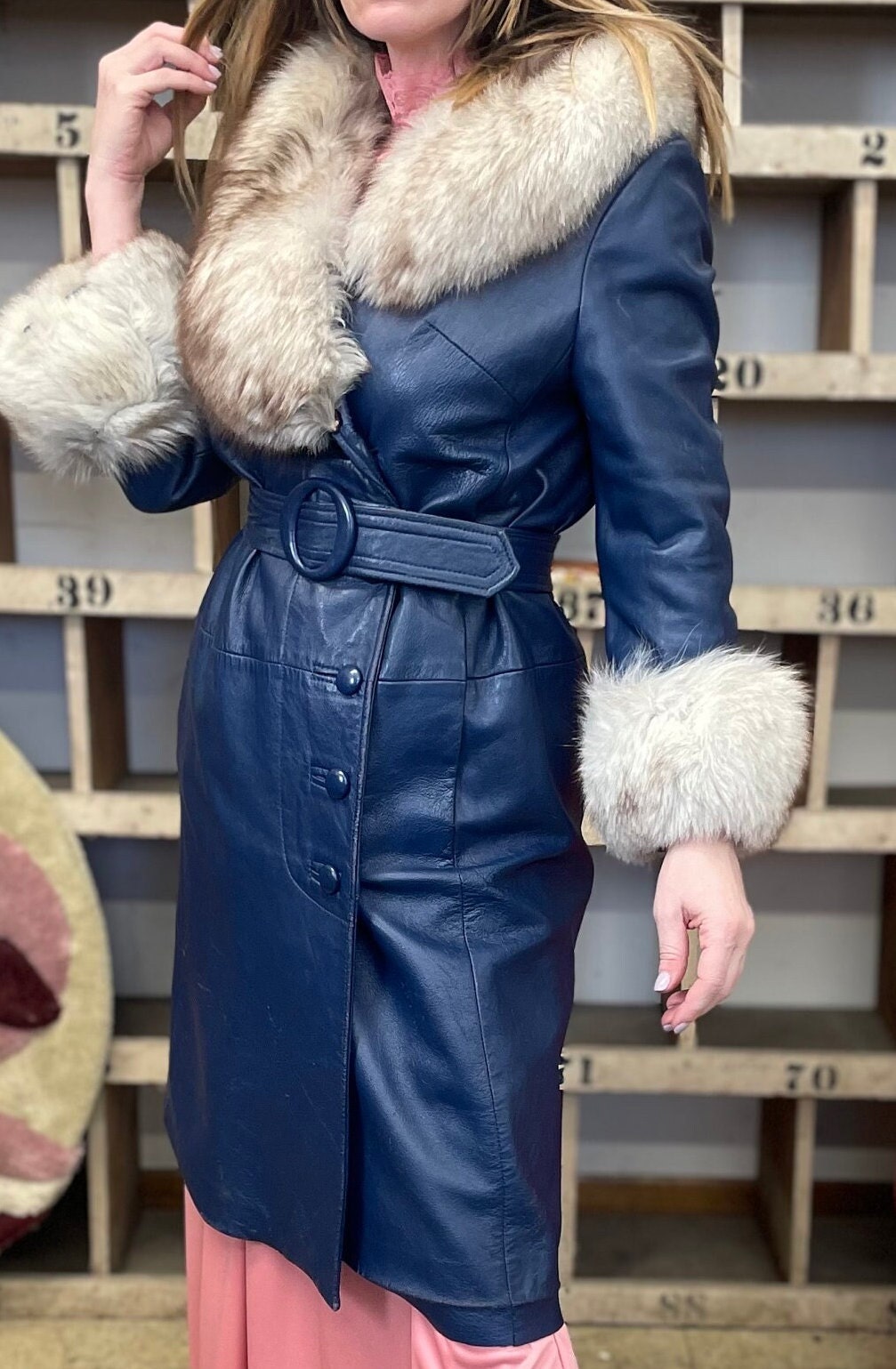 vtg 70s PENNY LANE COAT / vintage blue leather jacket oversized fur collar belt glam stroller coat movie rockstar groupie famous winter coat