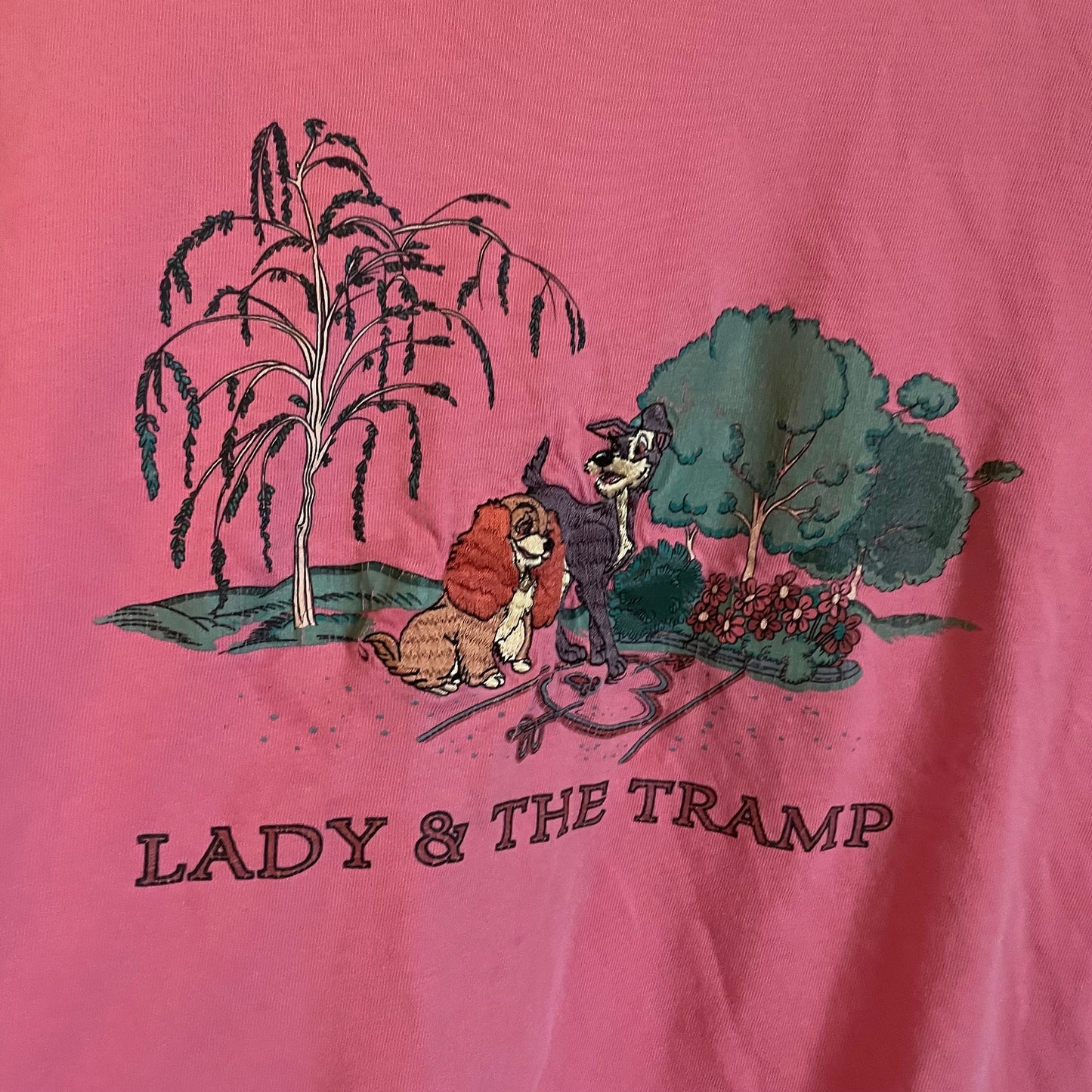 vtg 90s LADY & THE TRAMP Shirt // embroidered tshirt disney store cartoon pink spring graphic tee soft thin 80s bubble gum pink barbie core