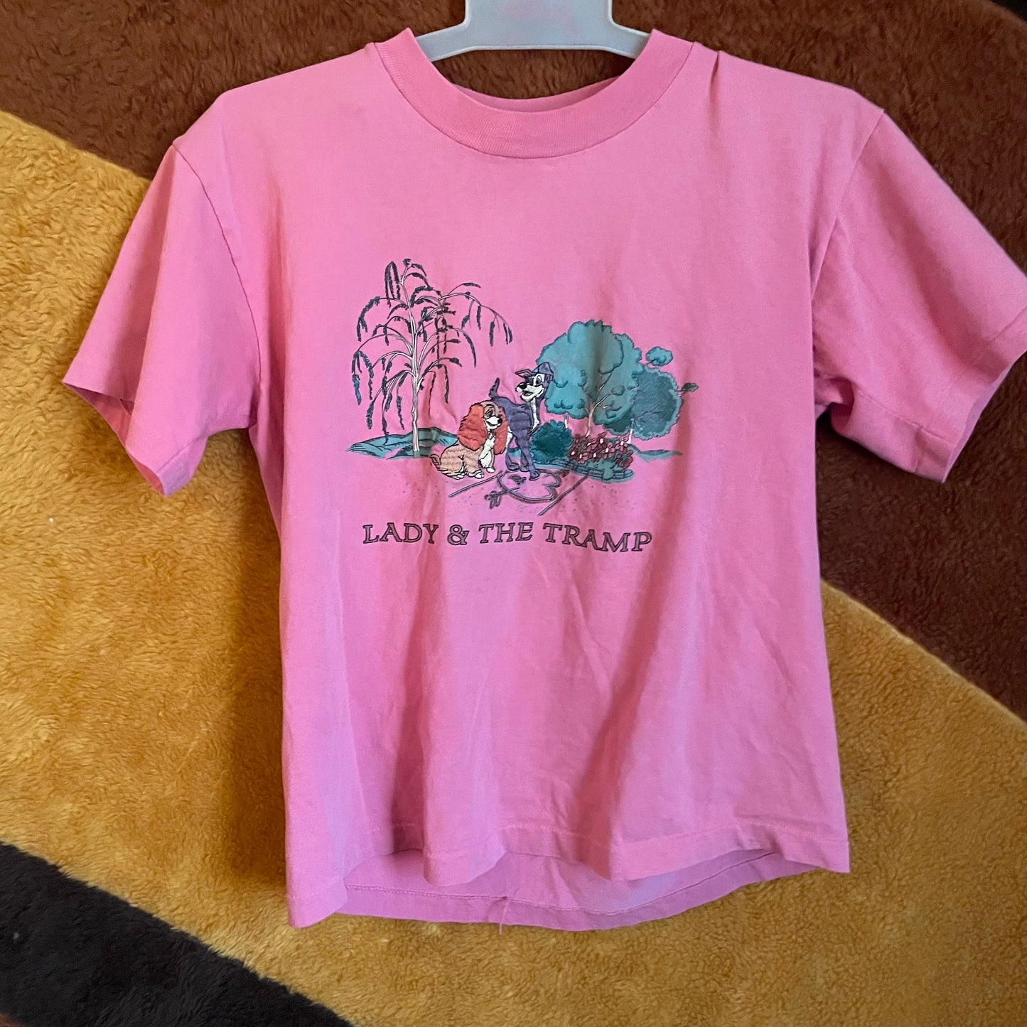 vtg 90s LADY & THE TRAMP Shirt // embroidered tshirt disney store cartoon pink spring graphic tee soft thin 80s bubble gum pink barbie core