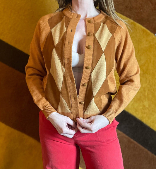 vtg ROCKABILLY CARDIGAN 50s 60s suede argyle burnt orange / brown & yellow wool sweater kurt cobain preppy grunge JOYCE sweater true style