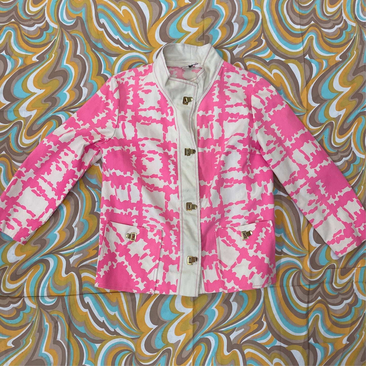 vtg PINK MOD 2 PIECE set / mr d mod psychedelic mini skirt and matching jacket pink & white retro hippie polyester loud girl gogo mini dress