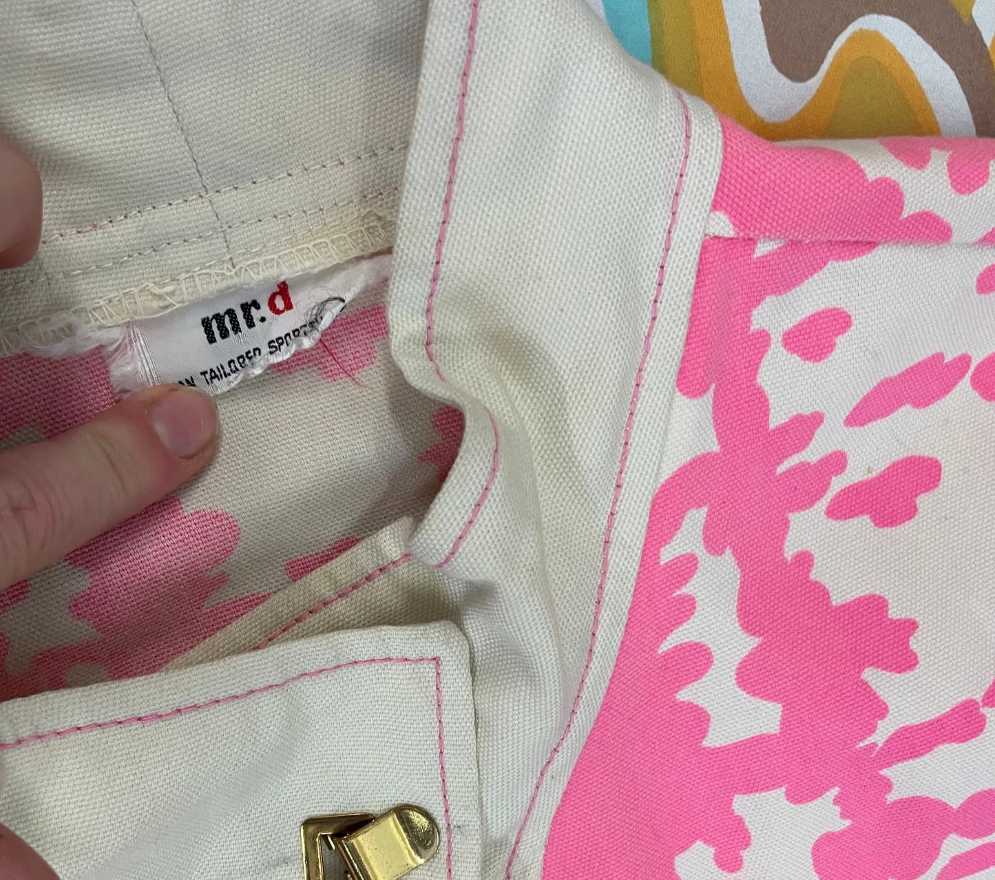 vtg PINK MOD 2 PIECE set / mr d mod psychedelic mini skirt and matching jacket pink & white retro hippie polyester loud girl gogo mini dress