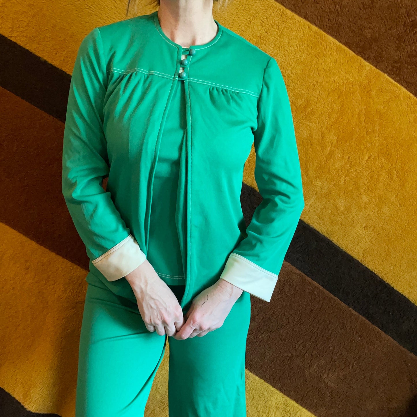 vtg 3 PIECE PANTSUIT // vintage mod green & white two tone palazzo pant wide leg flare pants set tank, jacket and bell bottoms set autumn