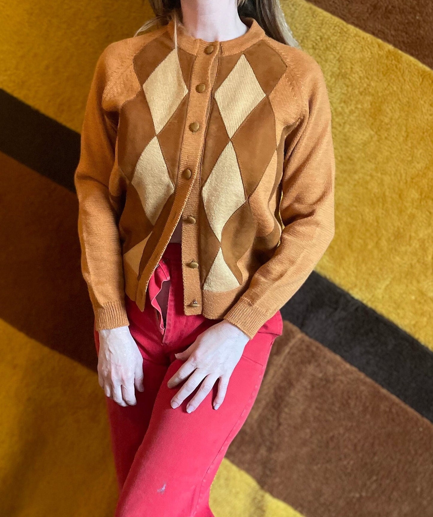 vtg ROCKABILLY CARDIGAN 50s 60s suede argyle burnt orange / brown & yellow wool sweater kurt cobain preppy grunge JOYCE sweater true style