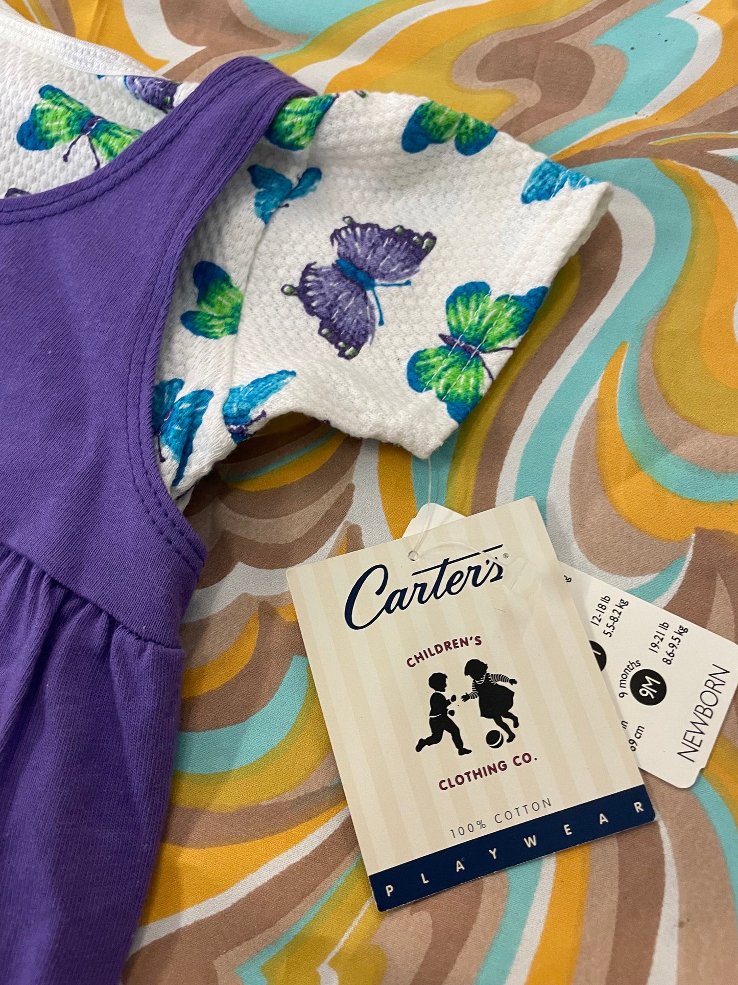 vtg 90s KIDS BUTTERFLY OVERALLS // vintage purple overalls and patterned top set new never worn Carters 3-6 months baby outfit onesie