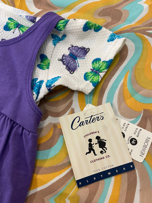 vtg 90s KIDS BUTTERFLY OVERALLS // vintage purple overalls and patterned top set new never worn Carters 3-6 months baby outfit onesie
