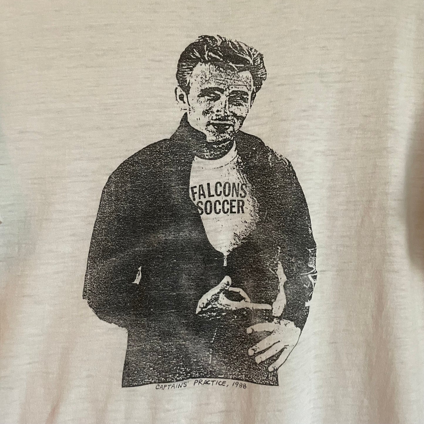 vtg 80s PUNK JAMES DEAN shirt // vintage falcons soccer leather jacket big print distressed thin white t shirt sex pistols cbgb dead boys