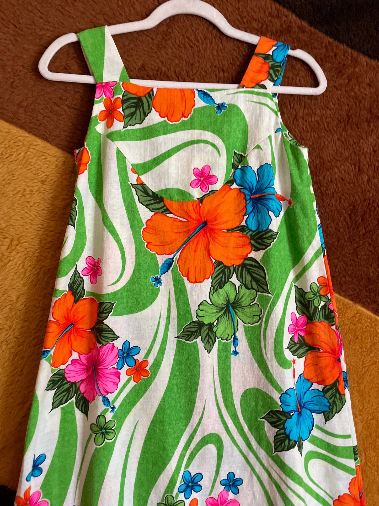 vtg 70s NEON FLORAL HAWAIIAN Dress // vintage water lilly psychedelic swirl full length tank maxi  ruffle hem day glow barkcloth retro style