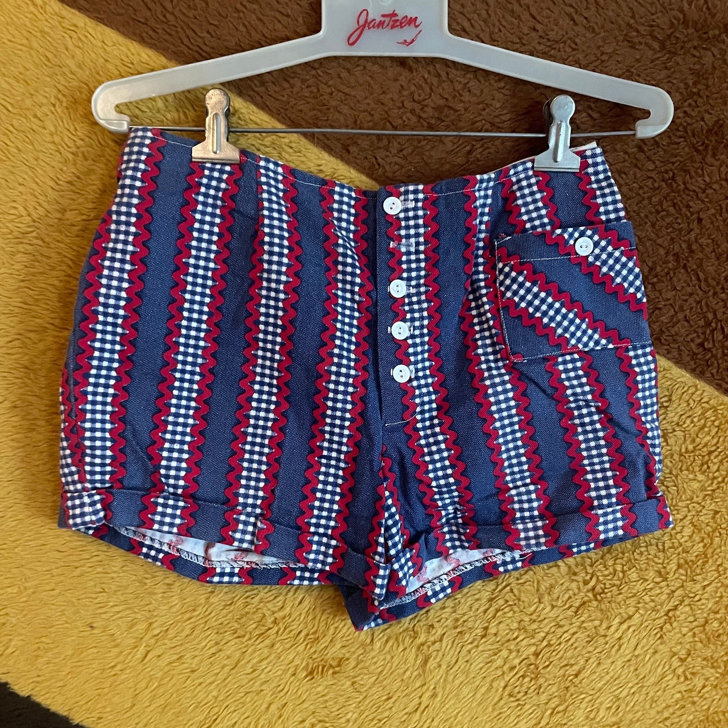 vtg 60s STRIPED HOT PANTS // high mid rise ric rac patterned trim short shorts blue red nautical button up mod kitschy hippie daisy dukes