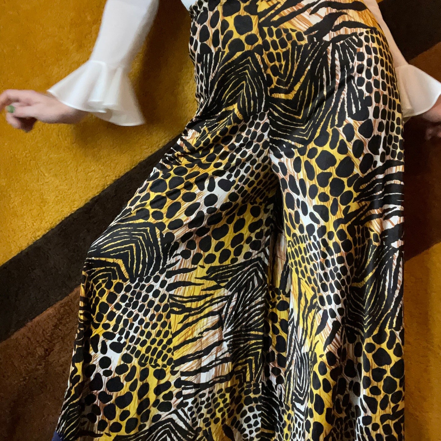 vtg 70s LEOPARD PALAZZO PANTS // vintage miss elaine mixed animal print flowy slinky pants silky nylon flowy wide leg gold hostess pants