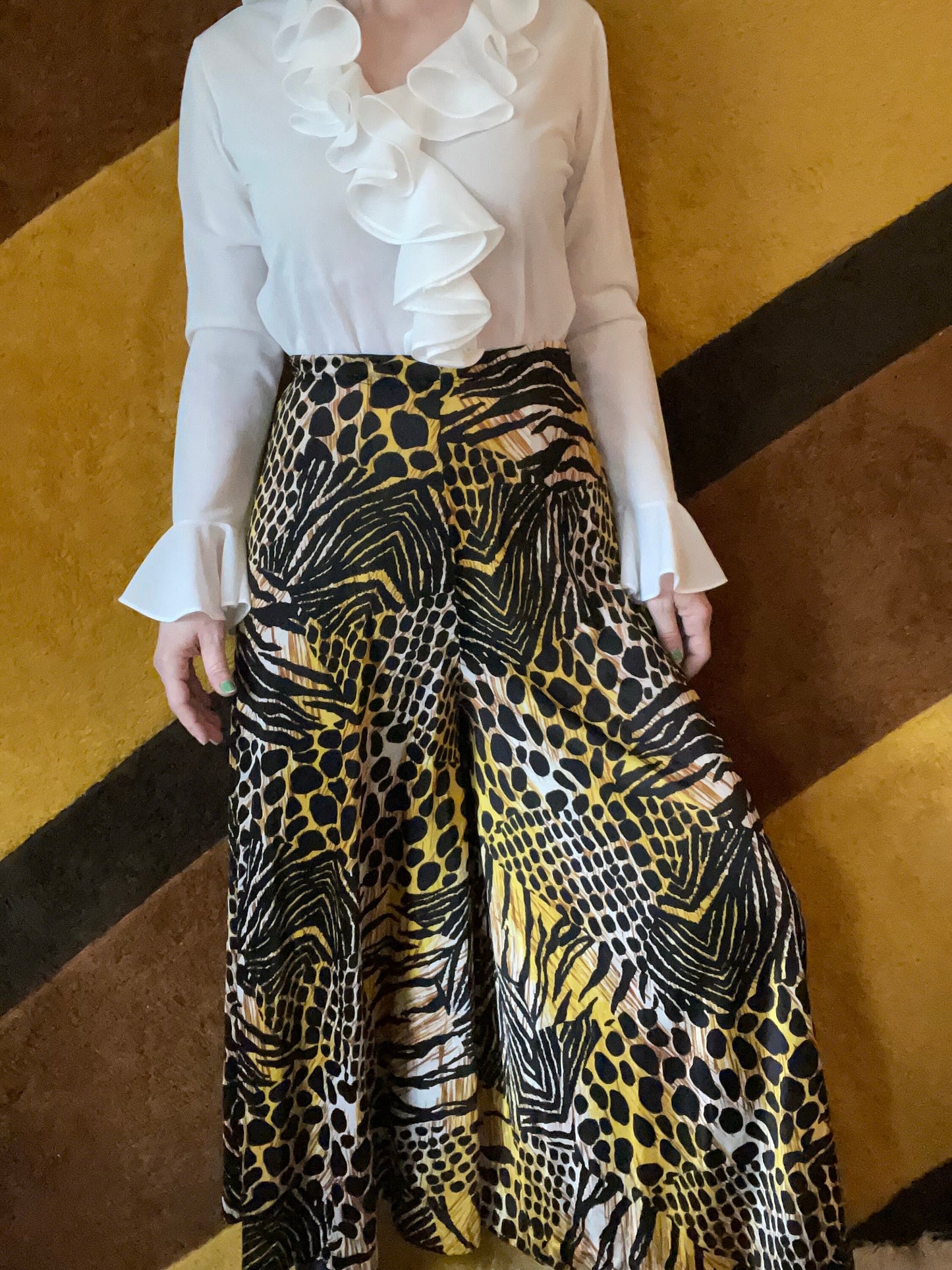 vtg 70s LEOPARD PALAZZO PANTS // vintage miss elaine mixed animal print flowy slinky pants silky nylon flowy wide leg gold hostess pants