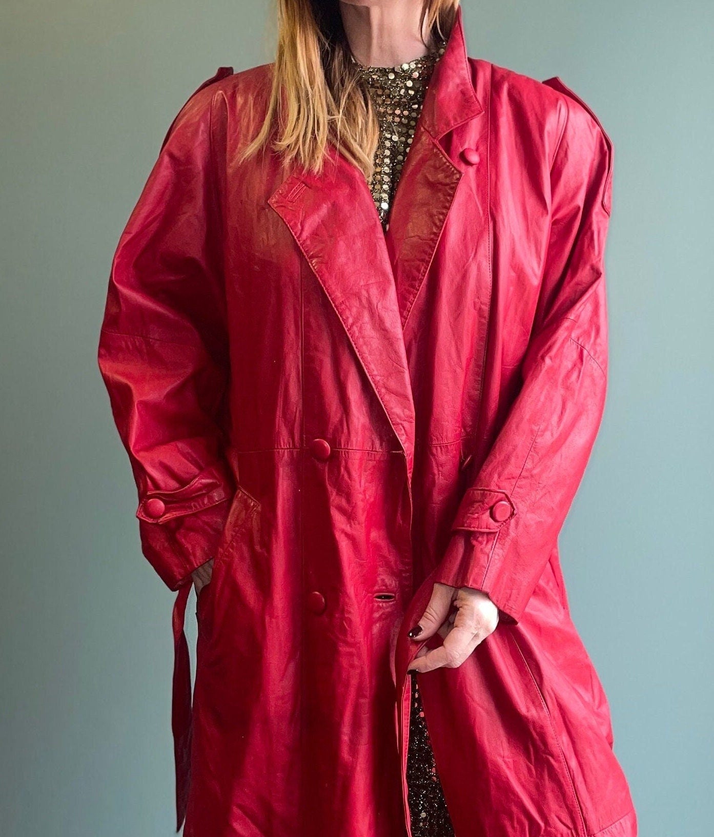 vtg 90s LONG RED LEATHER jacket // big collar oversized belted trench coat thinsulate autumn jacket madonna pop art unique bright funky