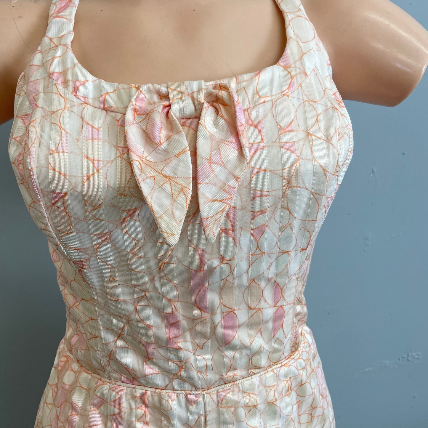 Vtg 1940s Playsuit Tiki of Beverly Hills abstract print criss cross swimsuit bathing suit beach romper pink & pearl iridescent pin up monroe