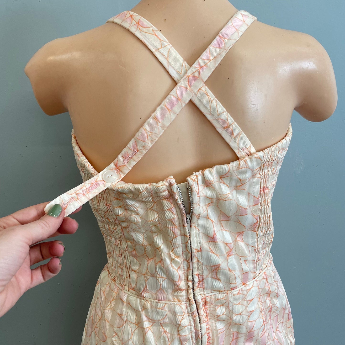 Vtg 1940s Playsuit Tiki of Beverly Hills abstract print criss cross swimsuit bathing suit beach romper pink & pearl iridescent pin up monroe