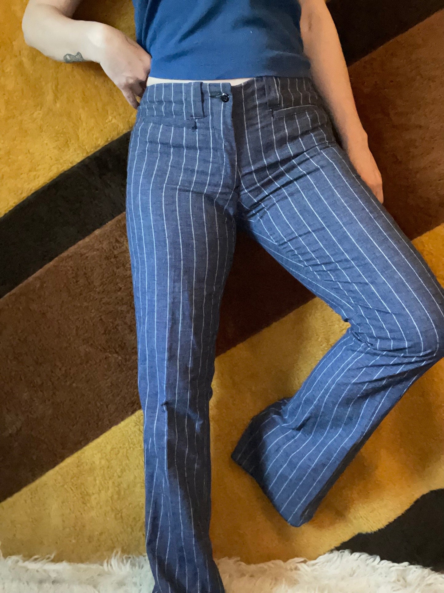 vtg 70s PIN STRIPED PANTS // vintage low rise trousers unhemmed flare leg hippie western wide leg boot cut flare pants y2k low hip huggers