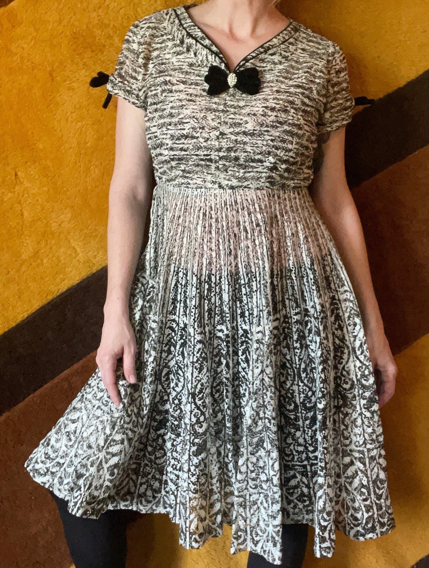 vtg late 40s BLACK & WHITE EYELET Dress // vintage lace net dress velvet trim bow tie fit n flare rockabilly day dress pleasantville party