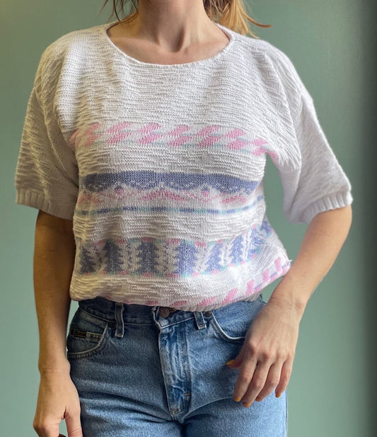 vtg 80s PASTEL CROPPED SWEATER // bobbie brooks cotton patterned sweater cute 3D knit abstract print baggy top fairy pink purple white