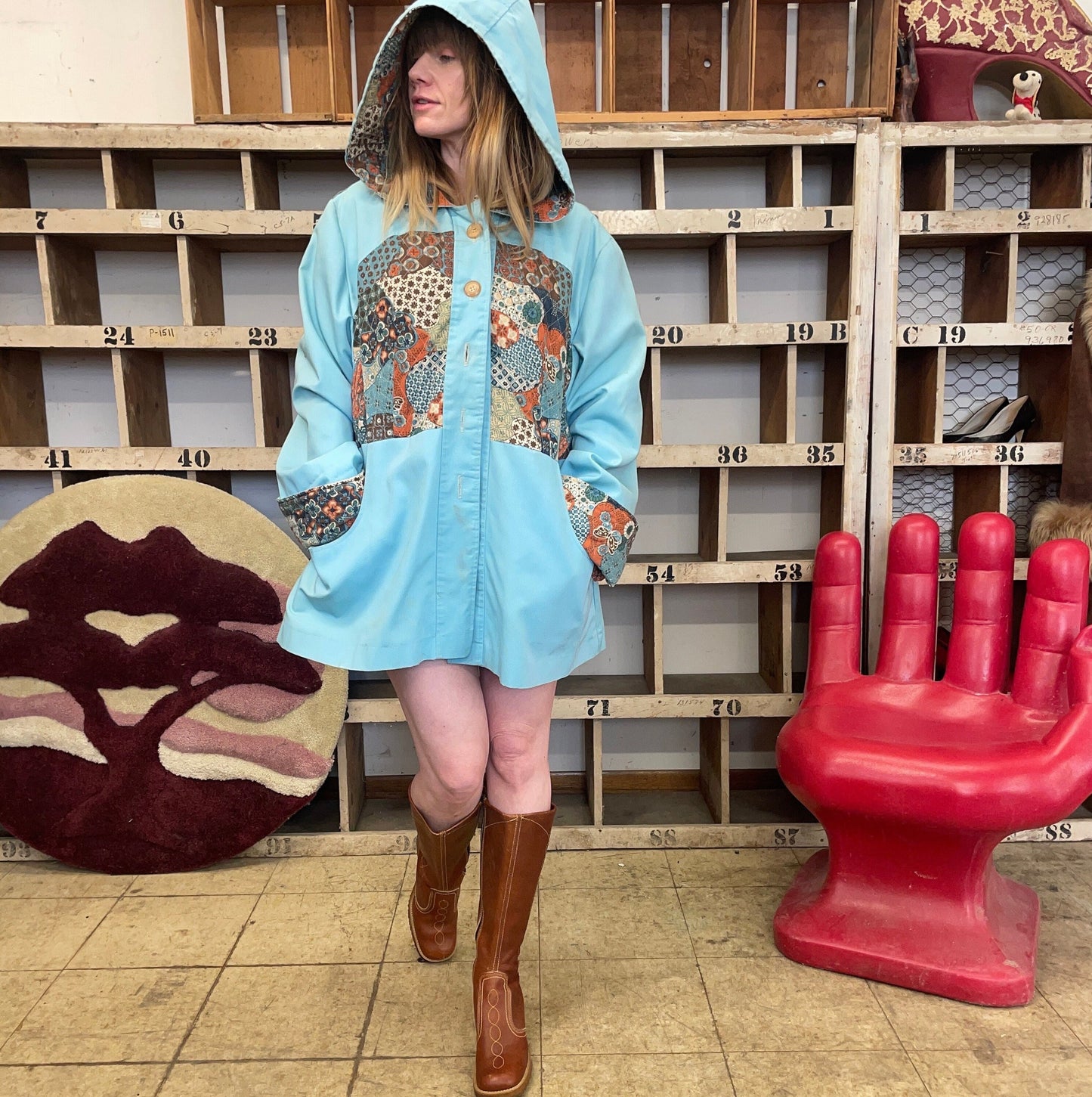 vtg 70s HOODED PATCHWORK JACKET // vintage pastel blue hippie boho autumn style lightweight coat parka womens large hoodie kitschy jacket