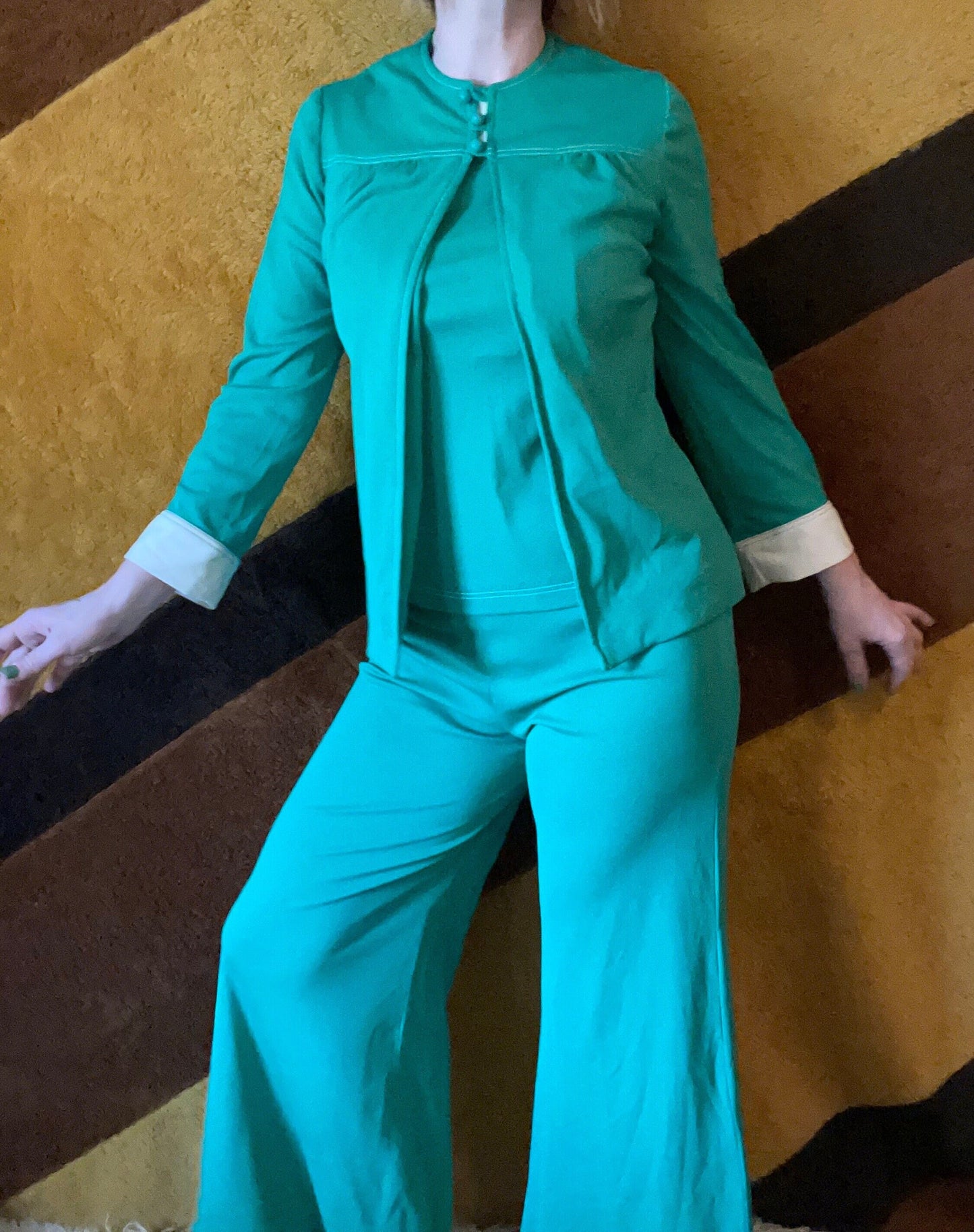 vtg 3 PIECE PANTSUIT // vintage mod green & white two tone palazzo pant wide leg flare pants set tank, jacket and bell bottoms set autumn