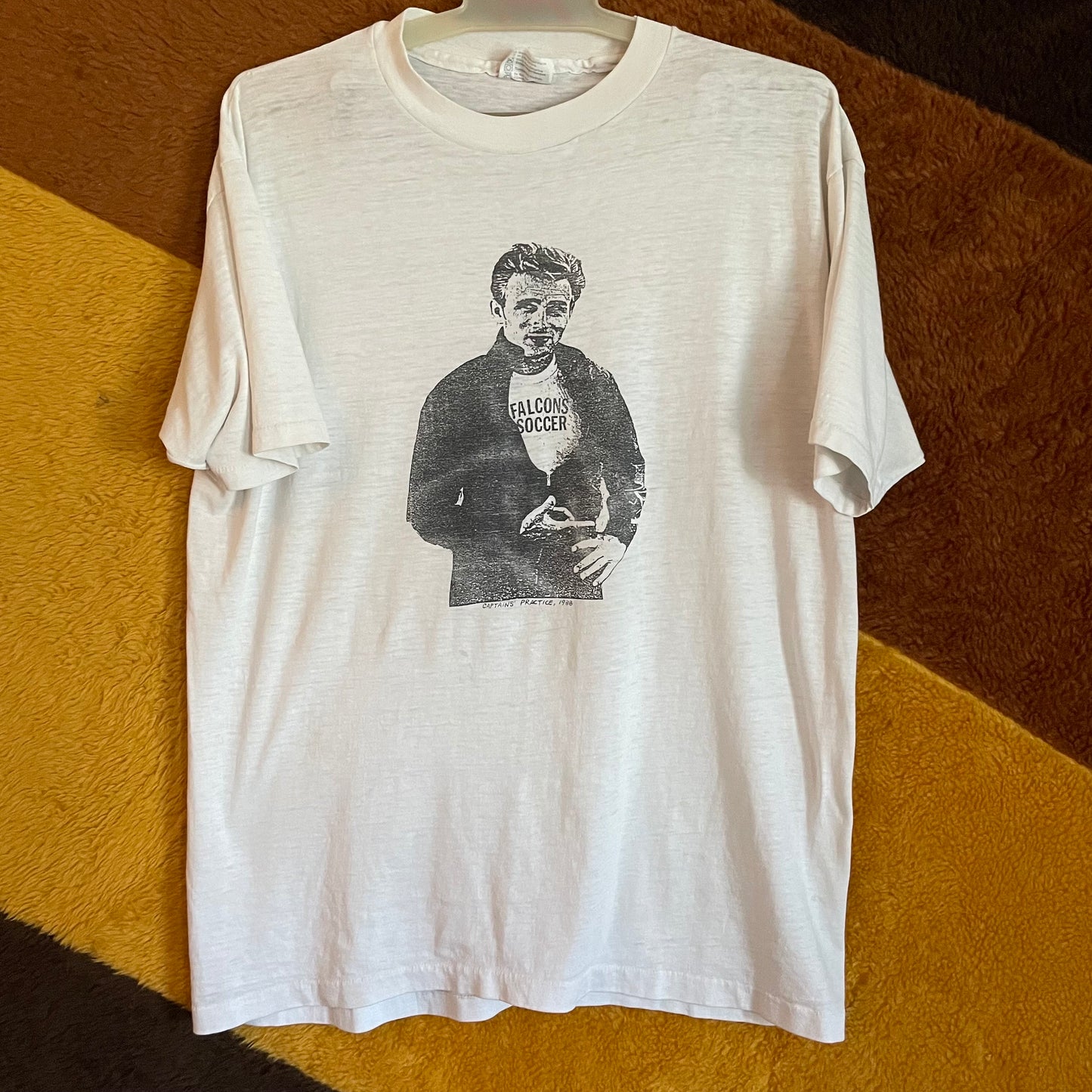 vtg 80s PUNK JAMES DEAN shirt // vintage falcons soccer leather jacket big print distressed thin white t shirt sex pistols cbgb dead boys