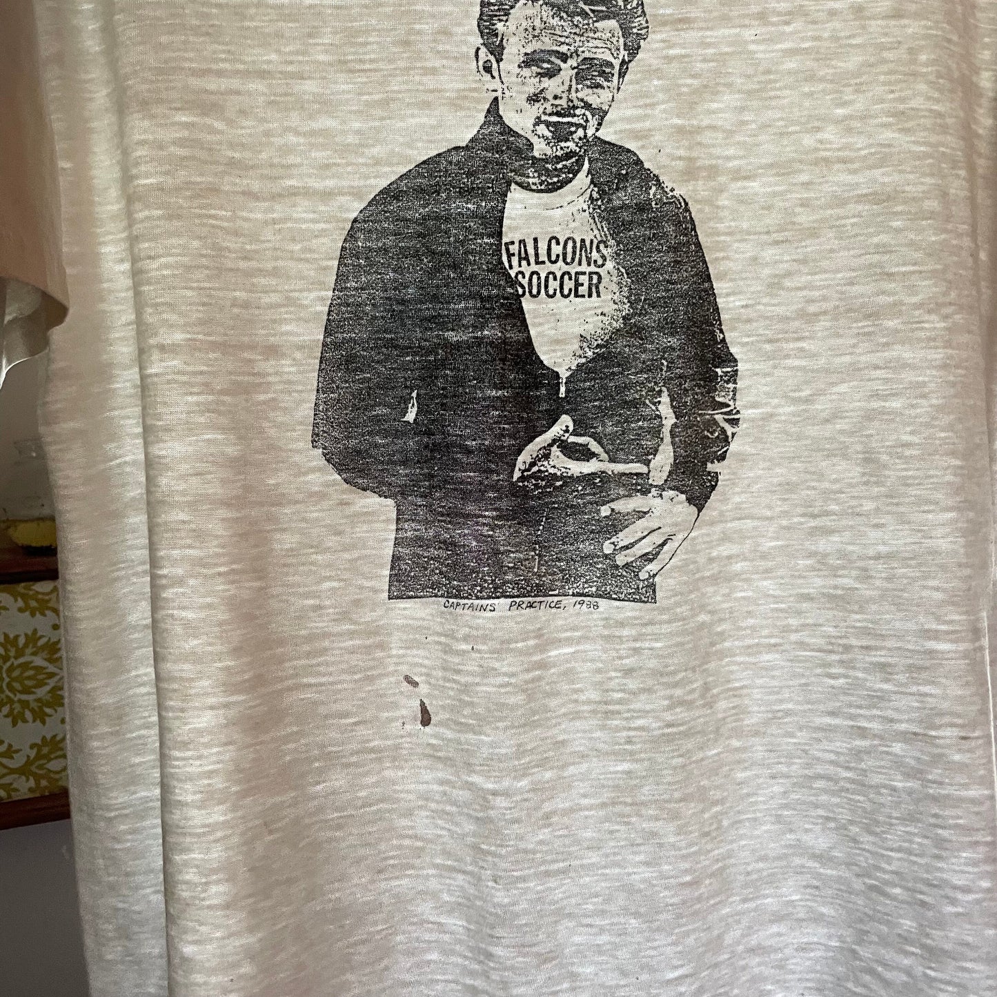 vtg 80s PUNK JAMES DEAN shirt // vintage falcons soccer leather jacket big print distressed thin white t shirt sex pistols cbgb dead boys