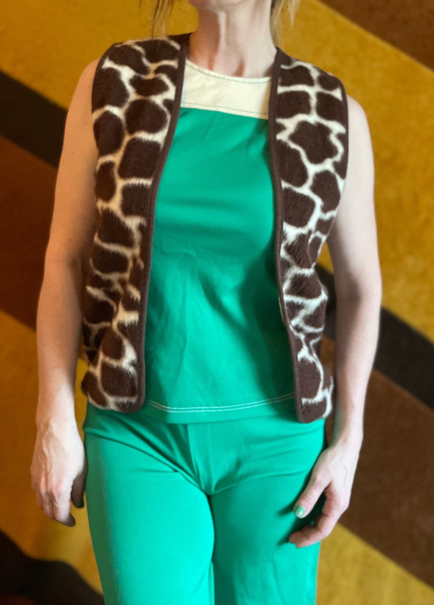 vtg 70s GIRAFFE PRINT FUR vest // vintage faux fur tunic animal print waistcoat funky layer retro top halloween costume safari party top