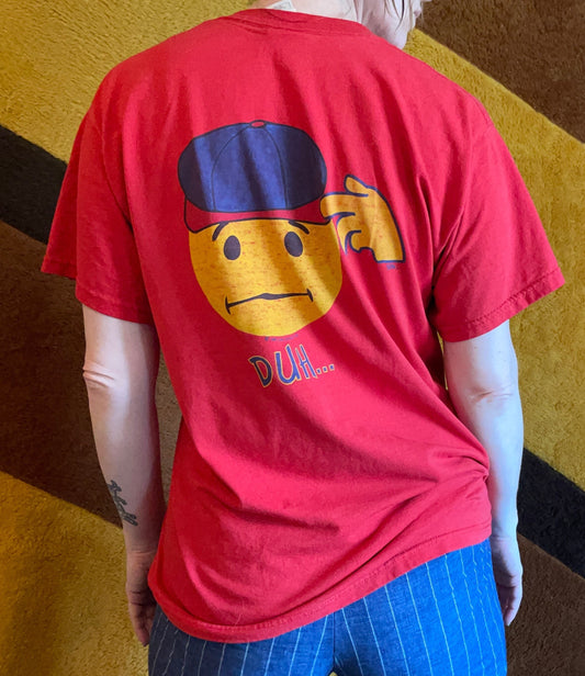 vtg 90s YELLOW HAPPY FACE // duh retro large t shirt red grunge mall kid baggy funny smiley tee brat that 70s show alternative graphic tee