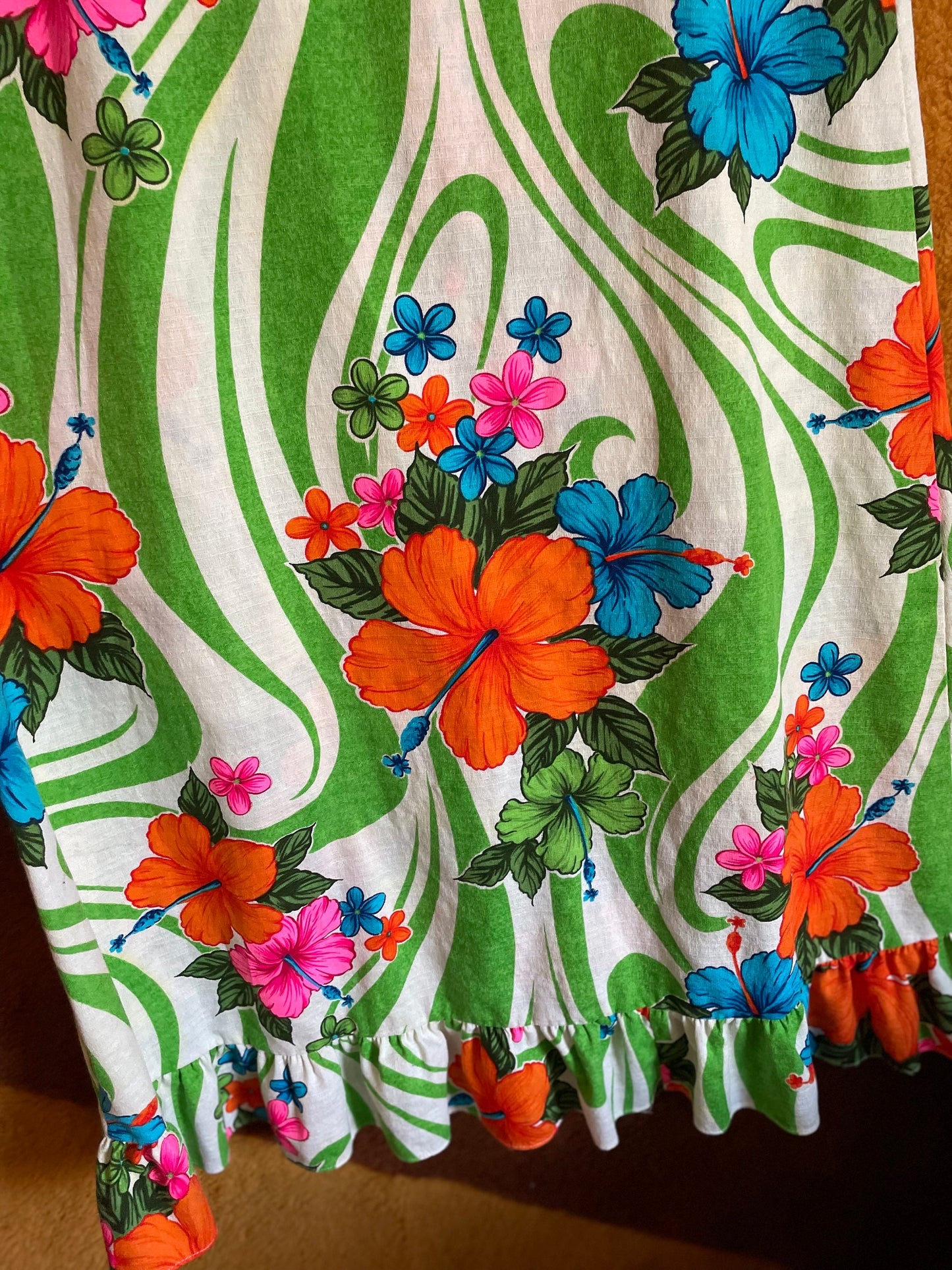 vtg 70s NEON FLORAL HAWAIIAN Dress // vintage water lilly psychedelic swirl full length tank maxi  ruffle hem day glow barkcloth retro style