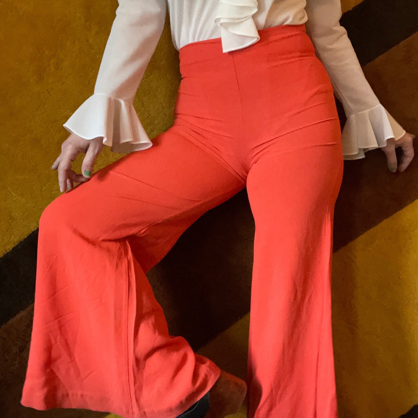 vtg 70s RAYON BELL BOTTOMS // vintage flowy wide leg beach pajamas slinky bright orange flare leg high waisted pants elephant bell palazzos