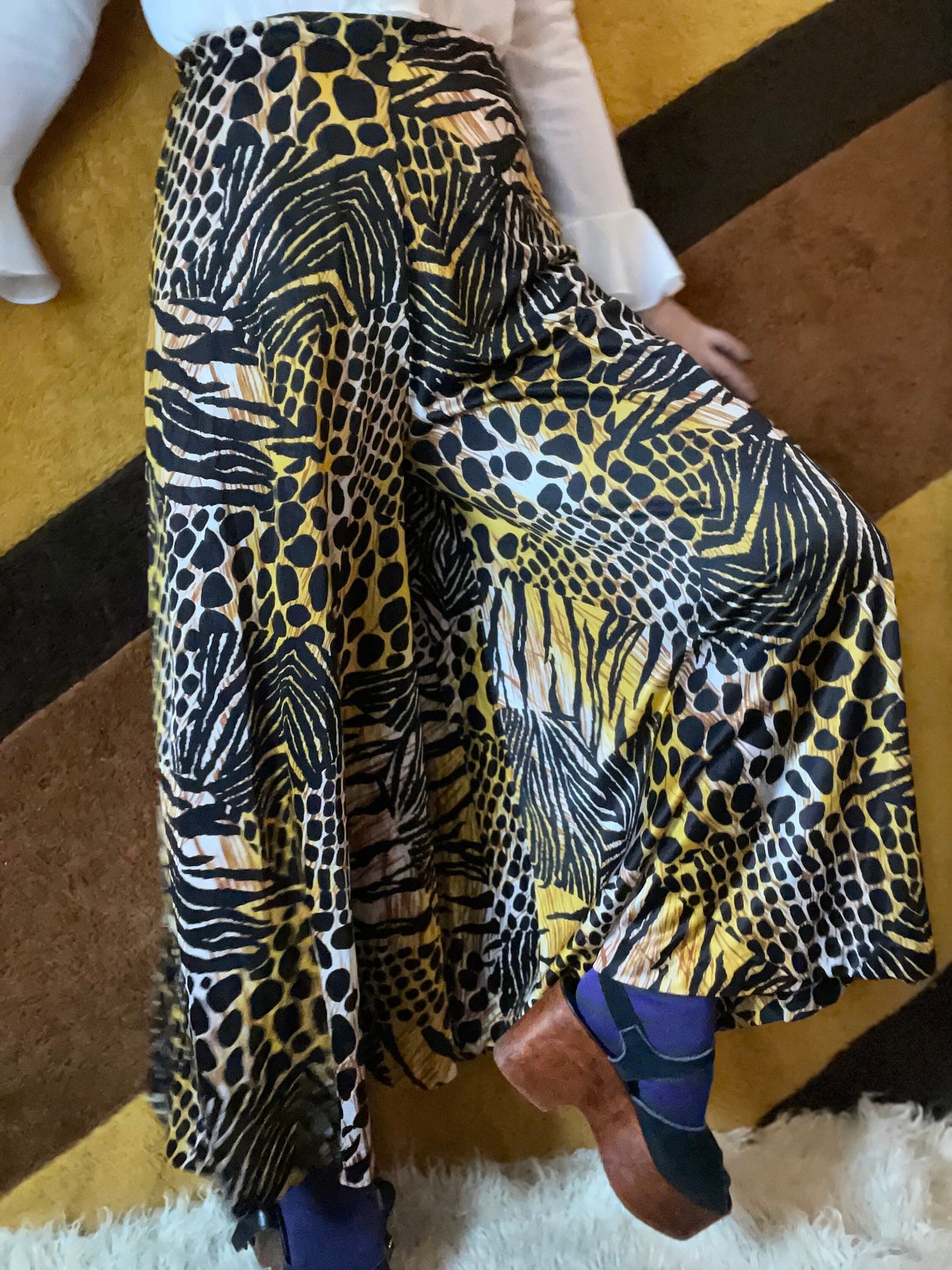 vtg 70s LEOPARD PALAZZO PANTS // vintage miss elaine mixed animal print flowy slinky pants silky nylon flowy wide leg gold hostess pants