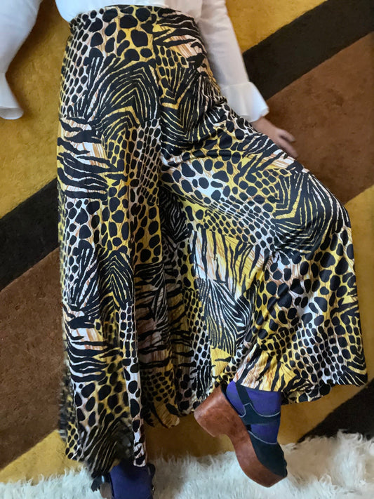 vtg 70s LEOPARD PALAZZO PANTS // vintage miss elaine mixed animal print flowy slinky pants silky nylon flowy wide leg gold hostess pants