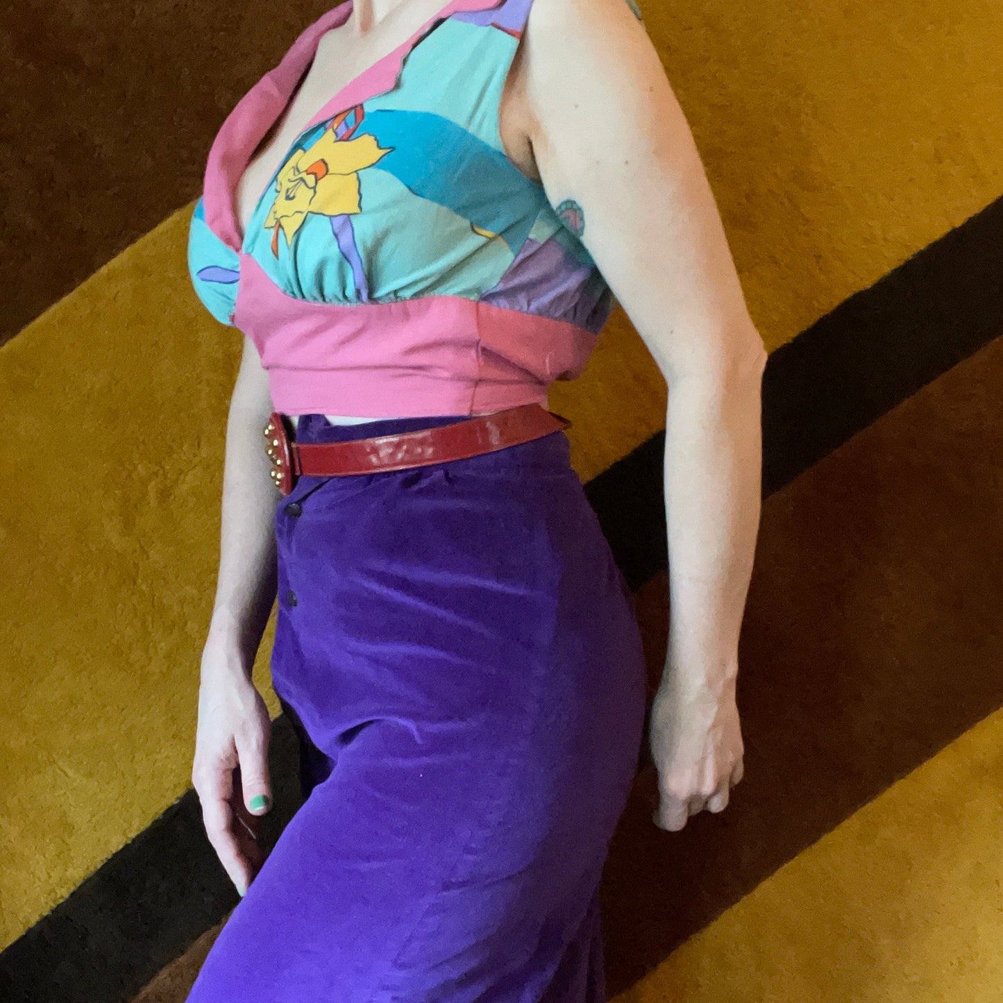 vtg 70s PATTERNED CROP TOP // vintage deep v neck psychedelic fairy hippie halter midriff retro playsuit beach pin up bombshell rockabilly