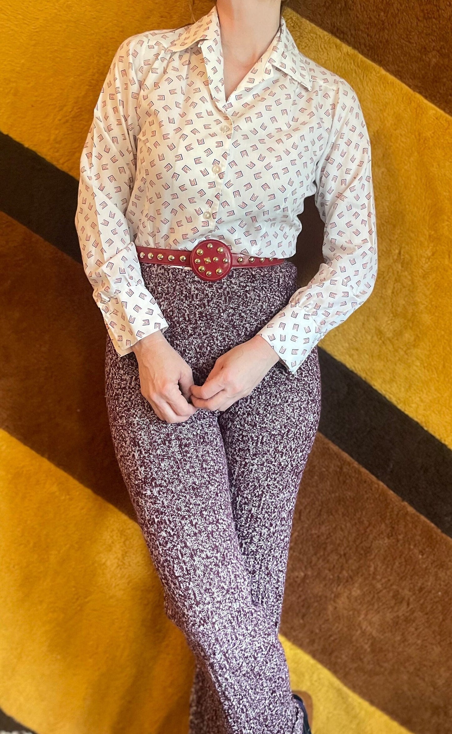 vtg 70s PATTERNED BODYSUIT TOP // vintage pointy collar one piece unitard disco poly d'armigene new york blouse abstract atomic print shirt