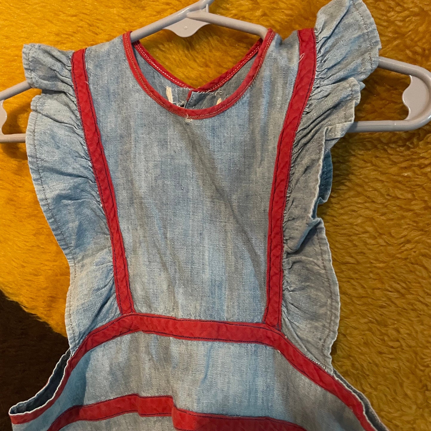vtg 1940s GIRLS CHAMBRAY OVERALLS // vintage 50s ruffle straps rosie the riveter womens style workwear coveralls blue cotton contrast trim