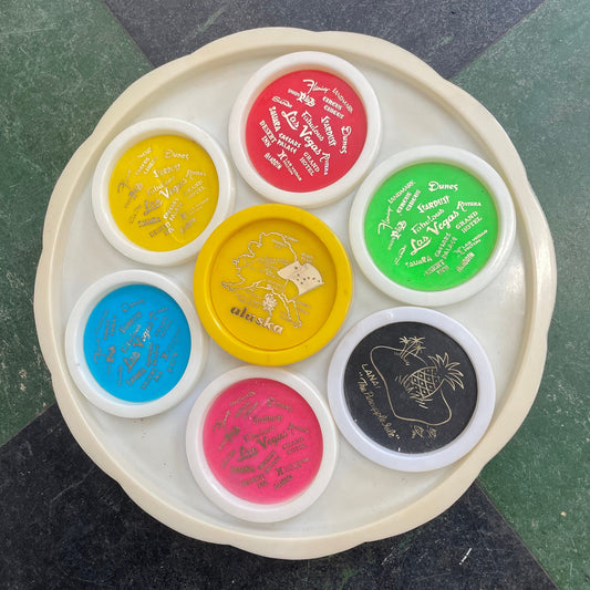vtg 1950s LAS VEGAS COASTERS // vintage stardust flamingo riveria casino tourist souvenir pastel color palette mcm decor entertaining gift