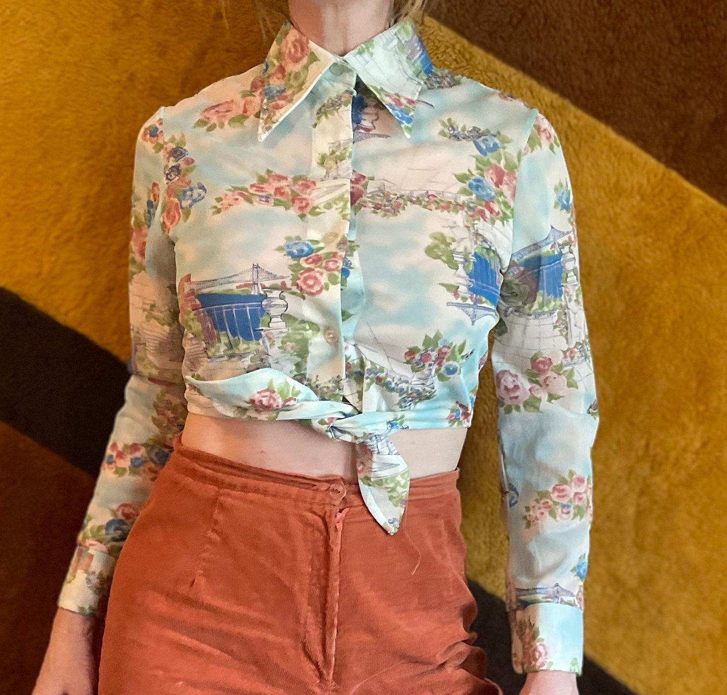 vtg 70s PSYCHEDELIC CROP TOP // vintage pointy collar bridge & roses patterned novelty print top Langtry brand hippie boho mod autumn school