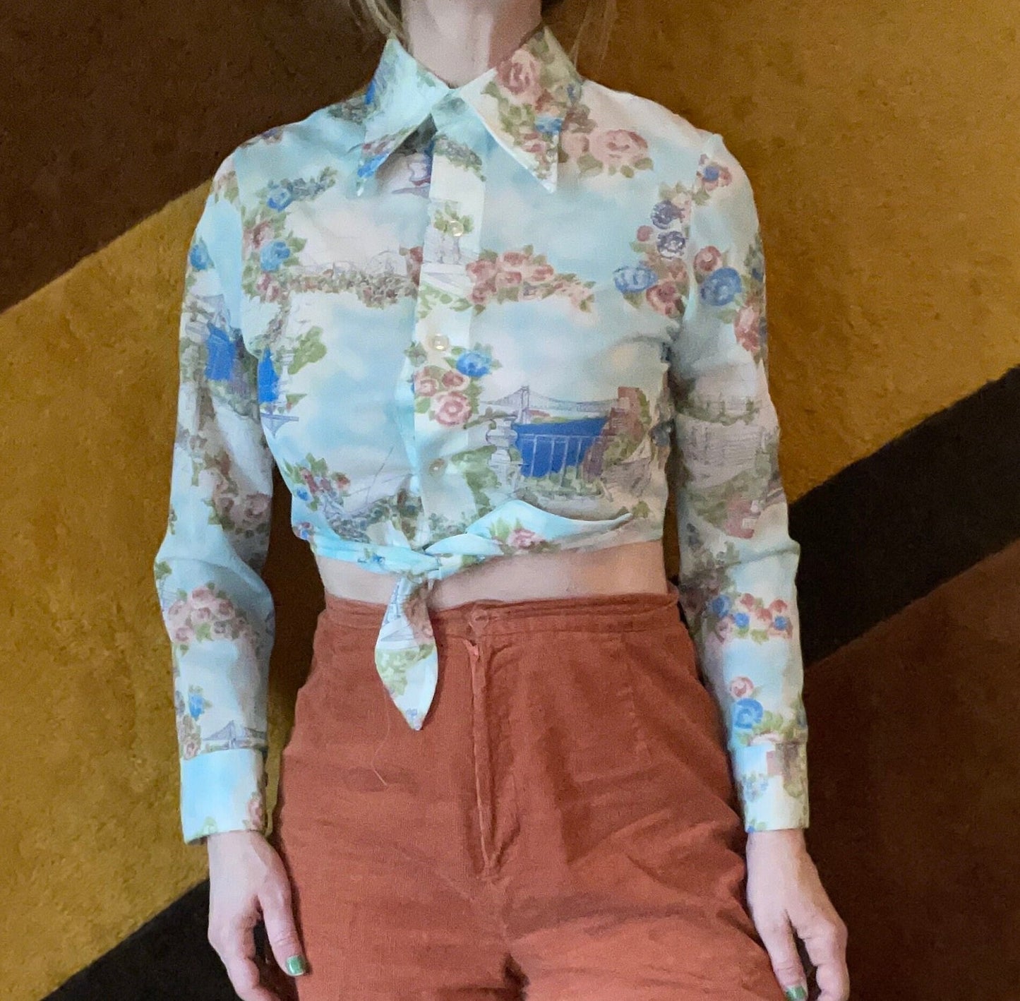 vtg 70s PSYCHEDELIC CROP TOP // vintage pointy collar bridge & roses patterned novelty print top Langtry brand hippie boho mod autumn school