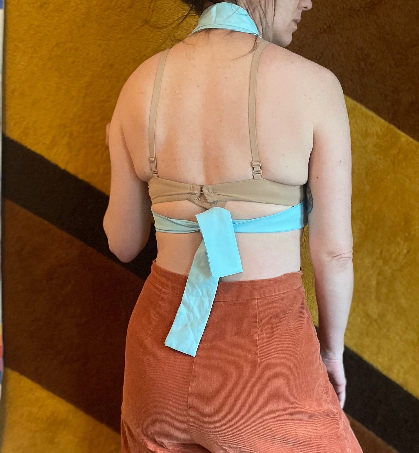 vtg 70s PASTEL HALTER TOP // vintage pastel fairy baby blue v neck tie back retro crop top autumn layers midriff shirt disco dance party