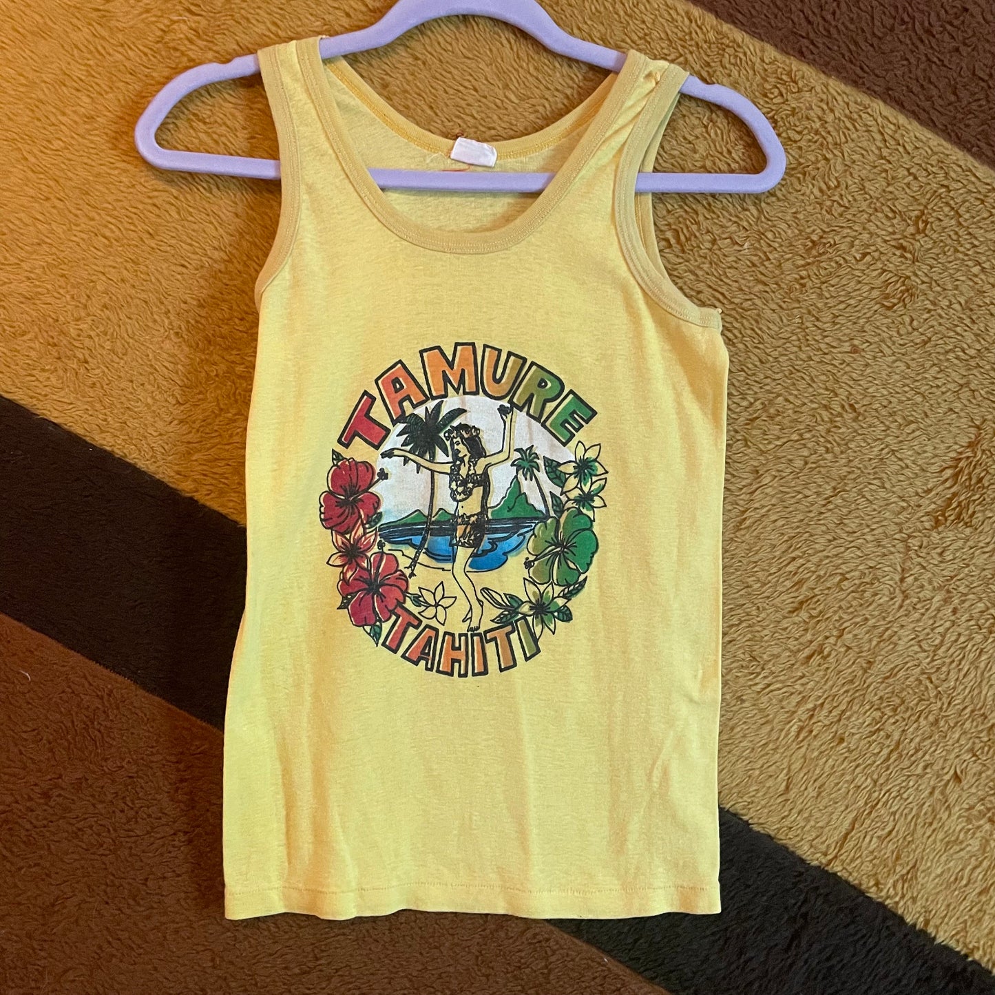 vtg 70s TAHITI TAMURE TANK Top // vintage hula dancer hawaii graphic tee floral yellow hippie retro crop top baby tee rainbow island