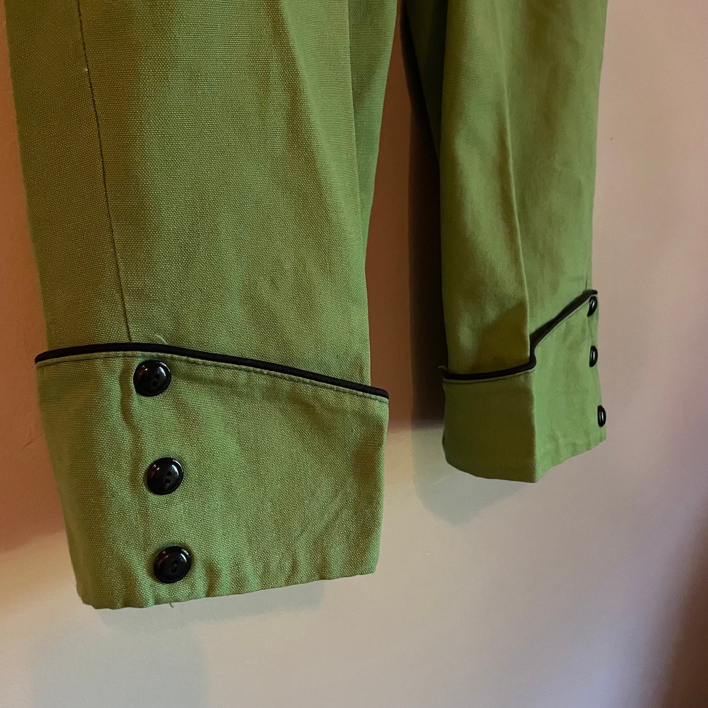 vtg 50sGREEN BLACK TRIM Pants // vintage pedal pusher denim jeans high waisted 50s rockabilly pin up long shorts capris summer retro shorts