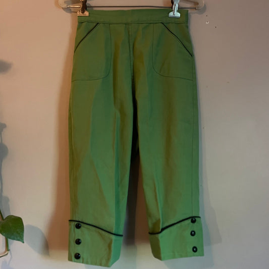 vtg 50sGREEN BLACK TRIM Pants // vintage pedal pusher denim jeans high waisted 50s rockabilly pin up long shorts capris summer retro shorts