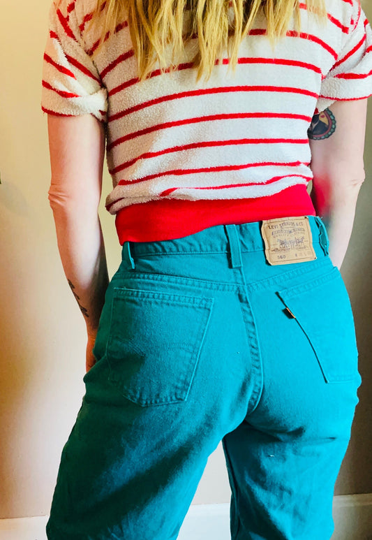 vtg 90s TEAL LEVIS 560 JORTS // vintage size 31 orange tab blue green shorts bright colored denim long shorts 80s retro funky board shorts